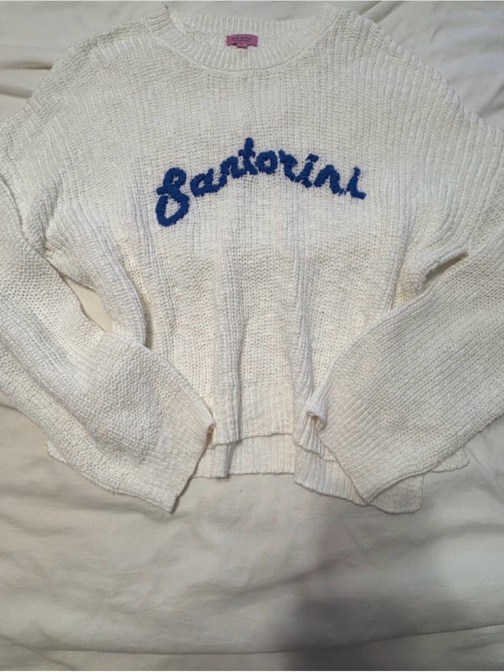 miami Cream Knit Sweater with Blue Santorini Script